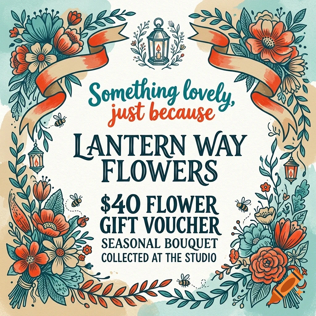An illustrated voucher for Lantern Way Flowers with floral borders, ribbons, lanterns, and bees surrounding text.