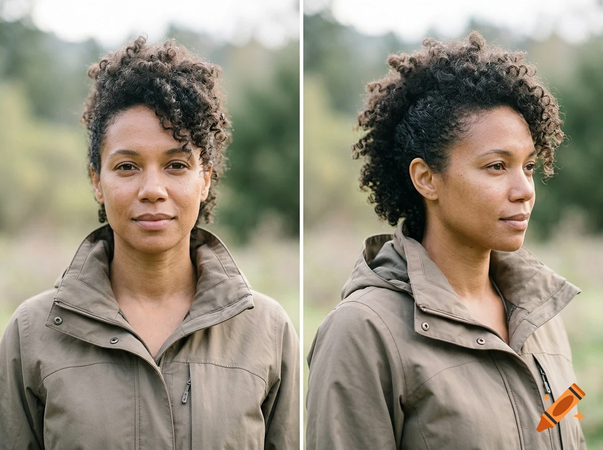 Two-angle portrait of a woman with curly hair wearing a jacket outdoors.