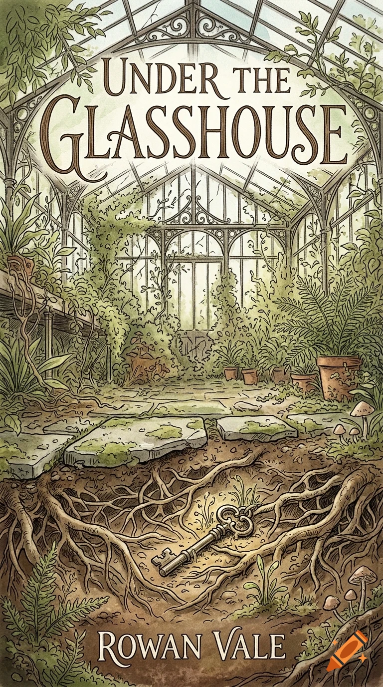 An illustration of the interior of a glasshouse filled with plants and roots, featuring a key lying in the dirt and the title "Under The Glasshouse".