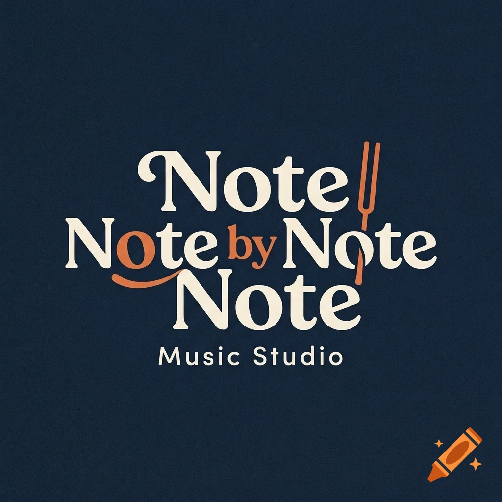 A typographic logo for Note by Note Music Studio on a dark blue background featuring a tuning fork icon.