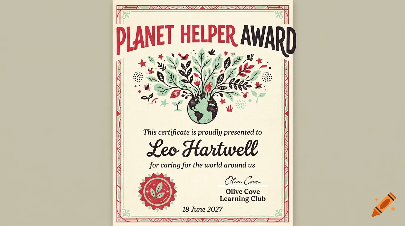 An illustrated certificate titled Planet Helper Award presented to Leo Hartwell, featuring botanical and earth designs.