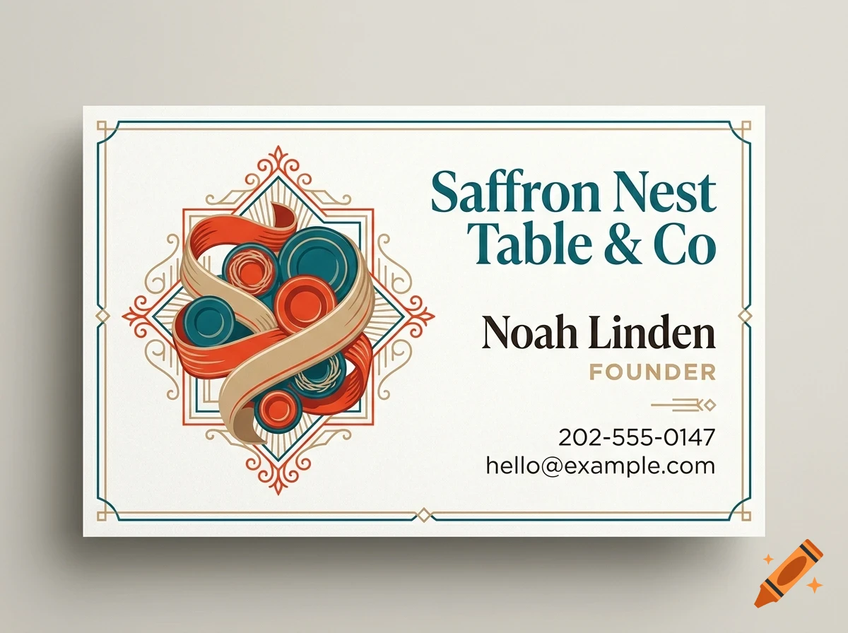 A business card with a decorative emblem featuring red and blue circular elements entwined with a tan ribbon, alongside the text Saffron Nest Table & Co and contact details.