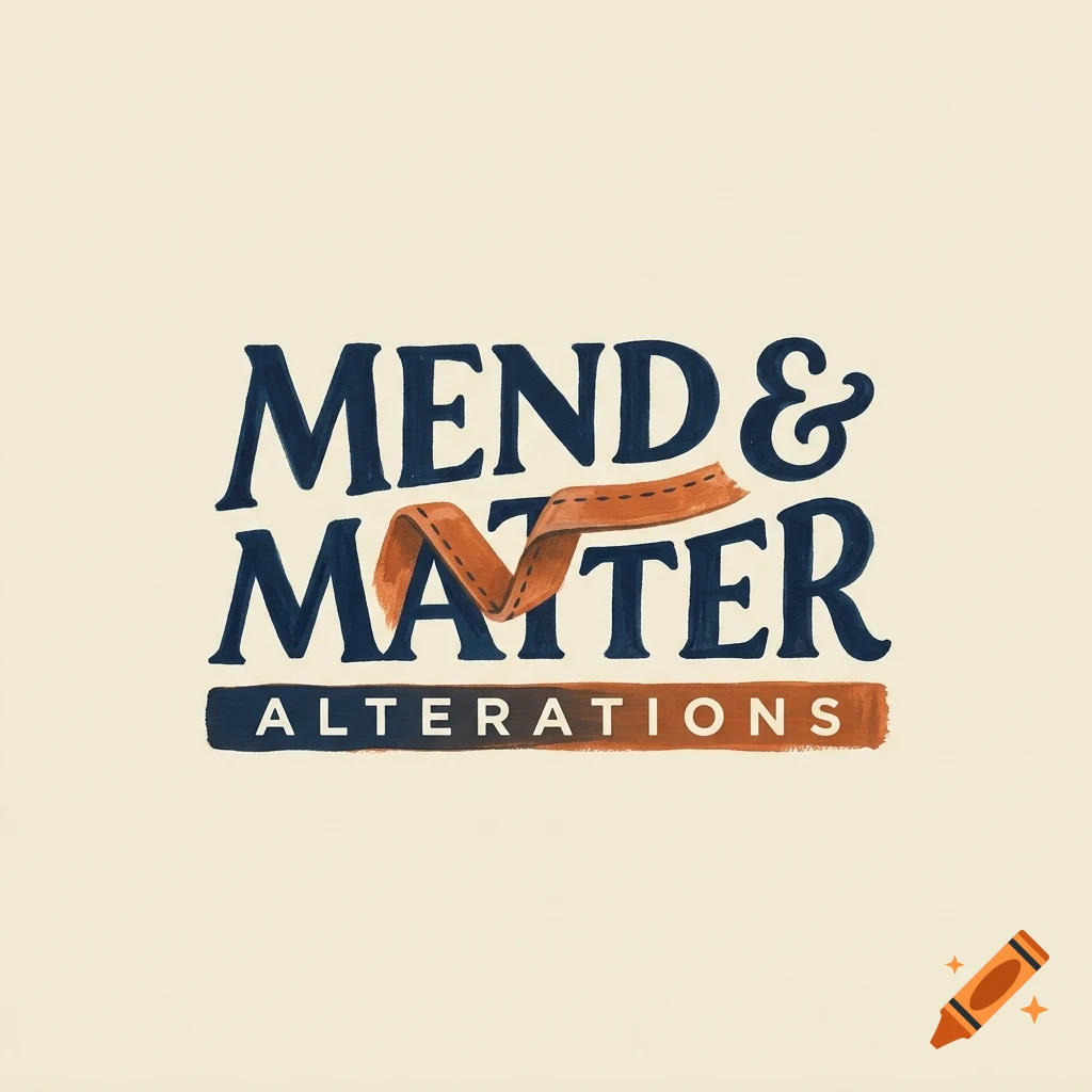 A painted logo featuring the text MEND & MATTER with a fabric ribbon woven through the letters, and the word ALTERATIONS below.
