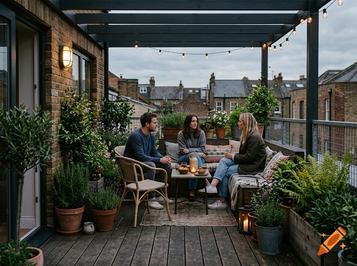 Three friends sitting and talking on a plant-filled rooftop terrace deck at twilight.