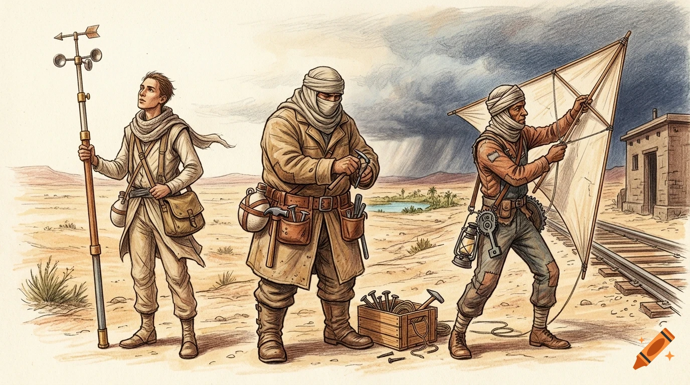Three figures in desert clothing working outdoors, holding scientific and building tools.