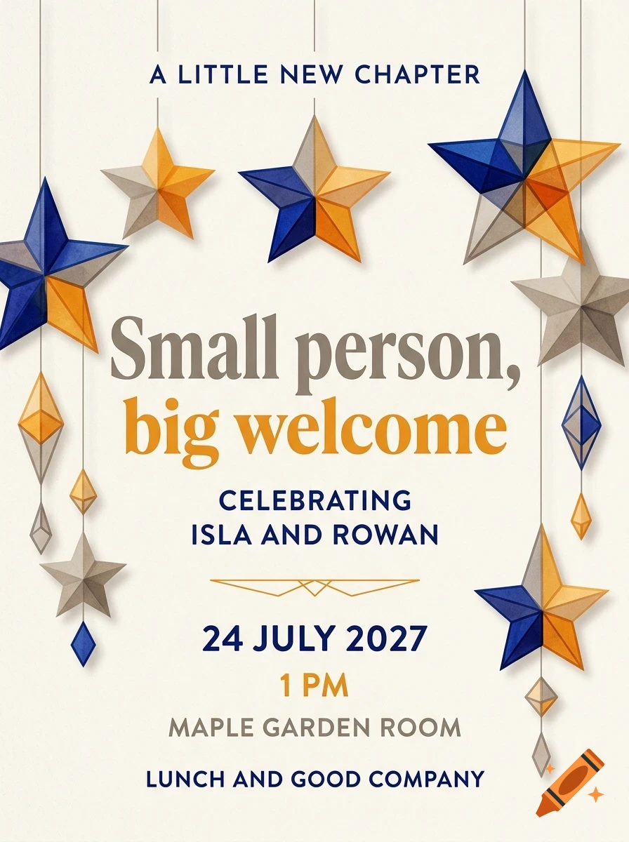An invitation card design featuring hanging paper stars in blue, gold, and grey, with the text 'A LITTLE NEW CHAPTER' and event details for Isla and Rowan.
