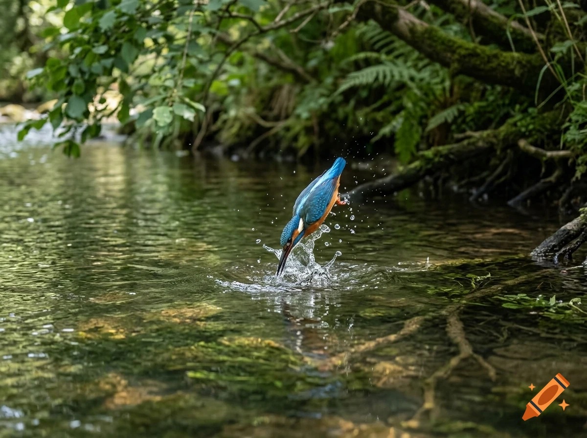 A kingfisher diving into a stream, creating a splash of water, surrounded by lush green foliage.