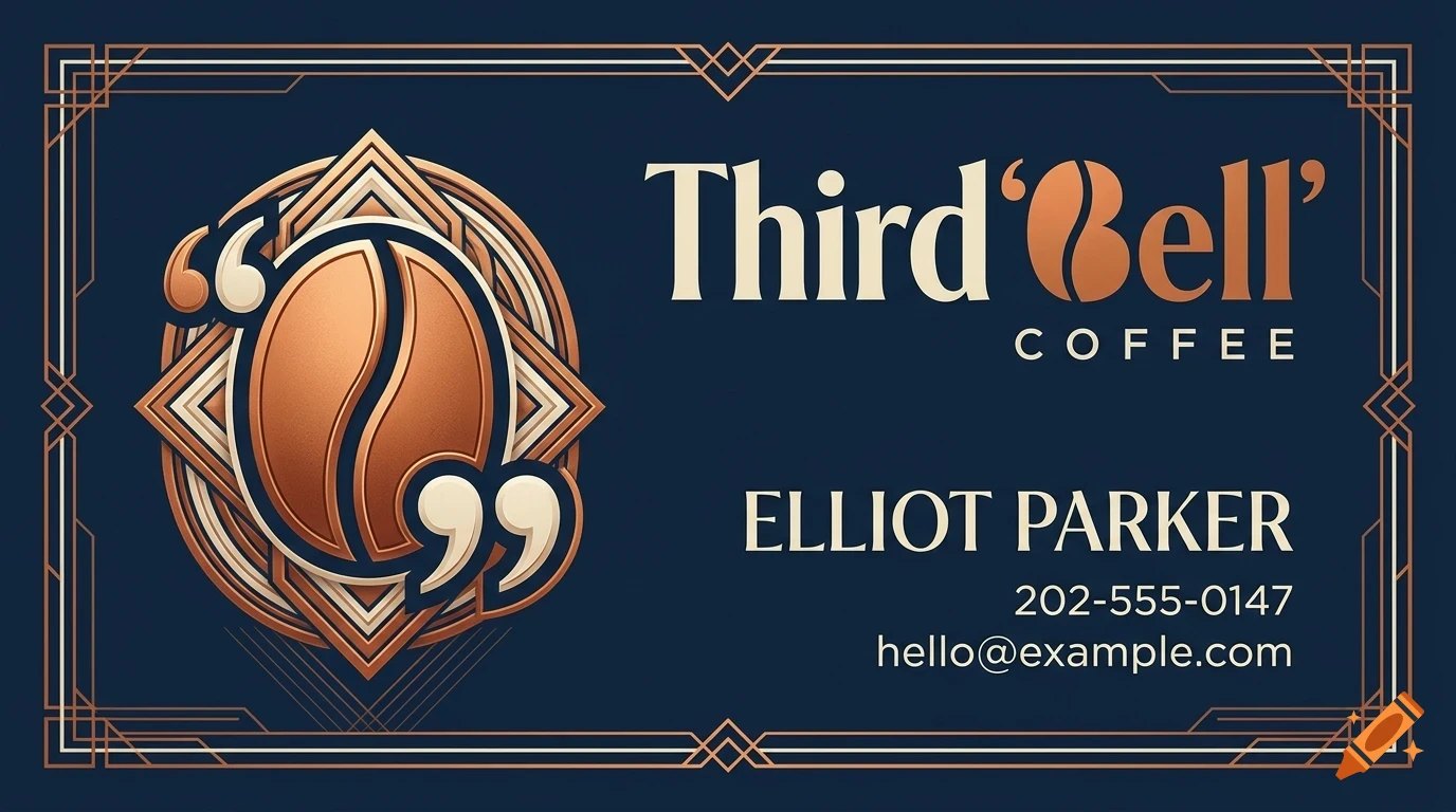 A business card with a dark blue background, featuring an art deco coffee bean emblem, the text 'Third Bell COFFEE', 'ELLIOT PARKER', and contact information.