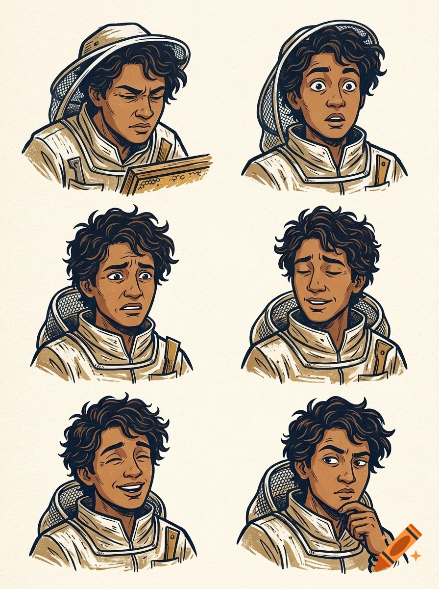 An illustration sheet showing six different facial expressions and poses of a character dressed in a beekeeping suit.