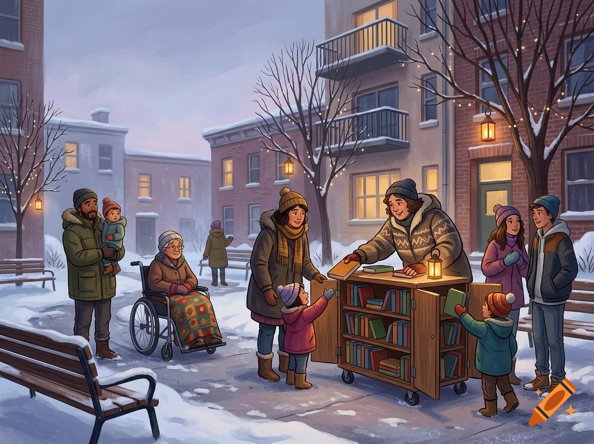 People exchanging books from a mobile wooden library cart on a snowy city street.