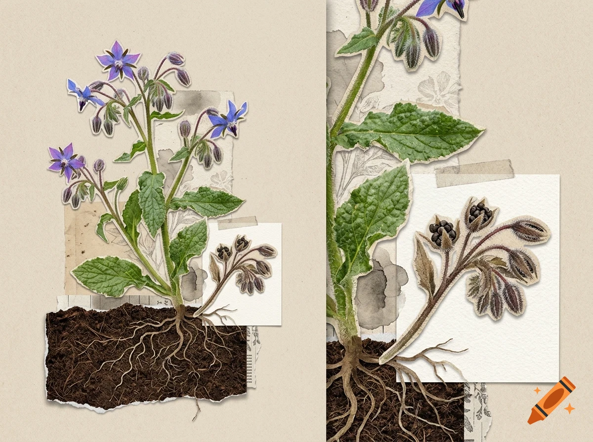 A botanical collage showing borage plants with purple flowers, green leaves, roots in soil, and seed pods on a neutral textured background.