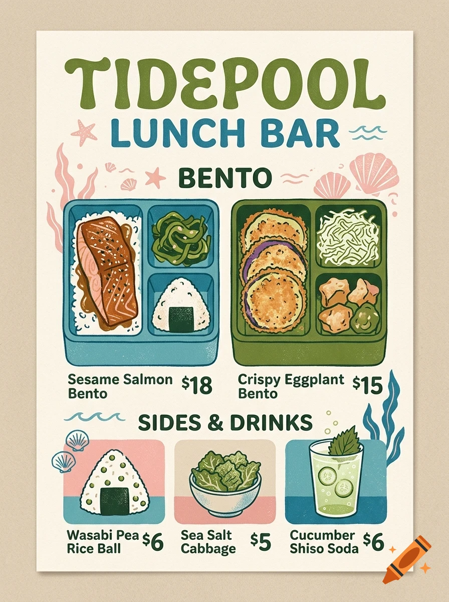 An illustrated menu poster for Tidepool Lunch Bar featuring bento boxes, sides, and drinks with prices, styled with a retro ocean theme.