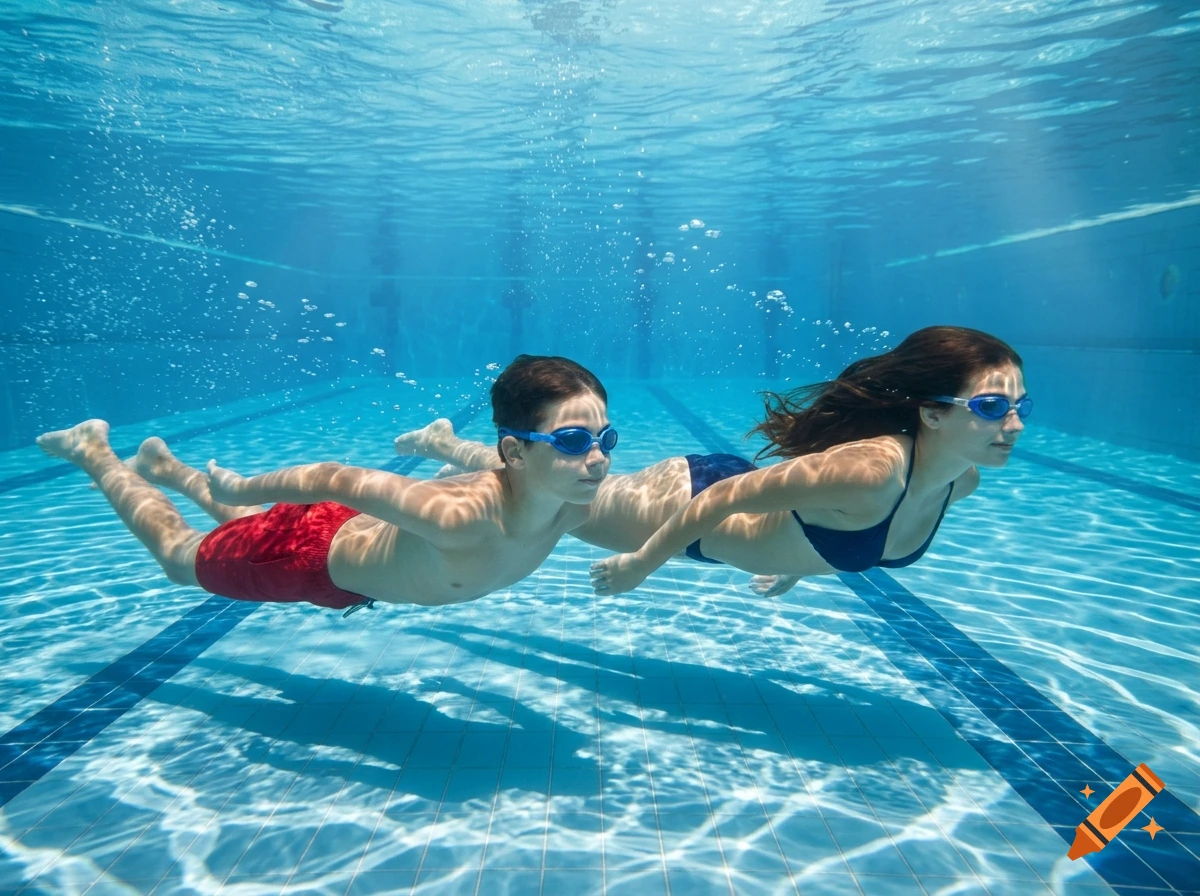 Photorealistic underwater view of a young boy and an older girl swimming together in a clear blue pool.