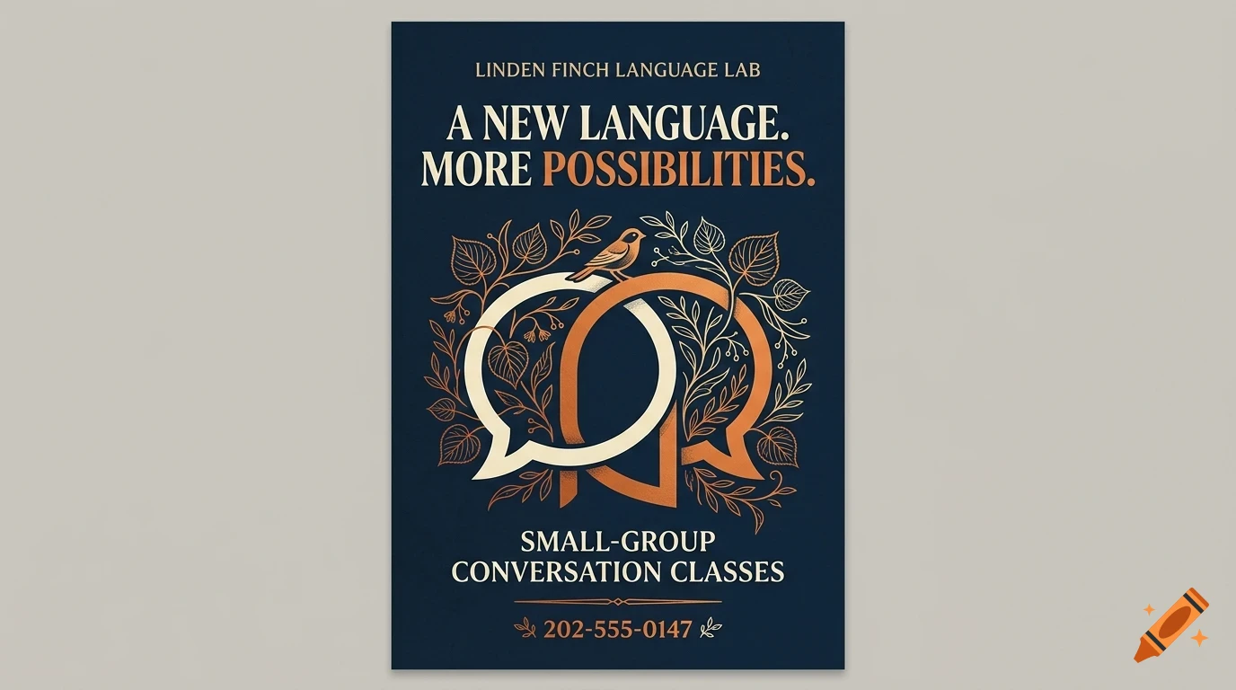 A dark blue poster with white and orange lettering reading Linden Finch Language Lab, featuring entwined speech bubble designs, foliage, and a small bird.