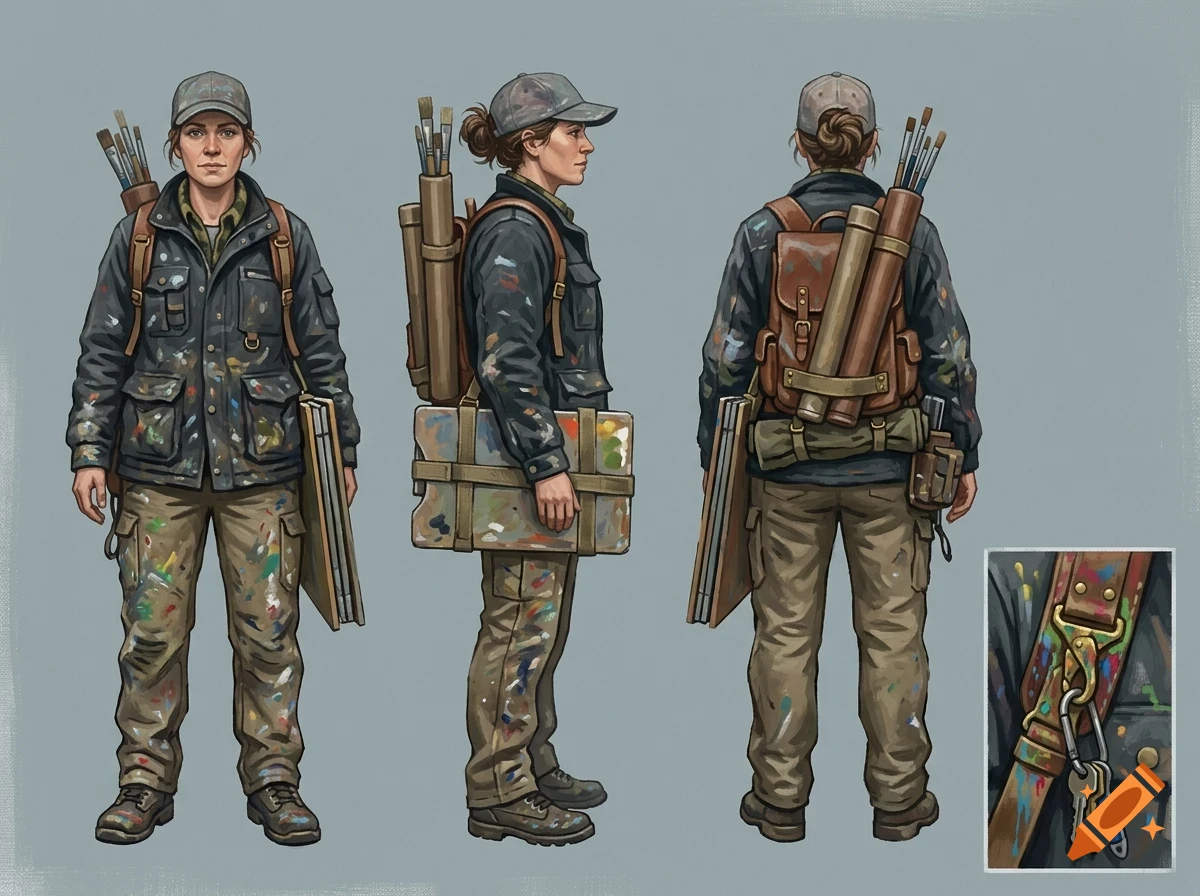 Character design concept showing a female artist in three views holding a paint palette and carrying art supplies, with a close-up inset of a strap clasp.