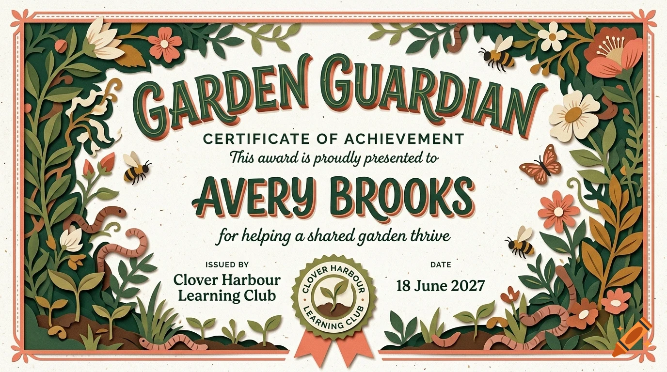 An illustrated Certificate of Achievement titled Garden Guardian, featuring a decorative floral border with flowers, bees, worms, and leaves.