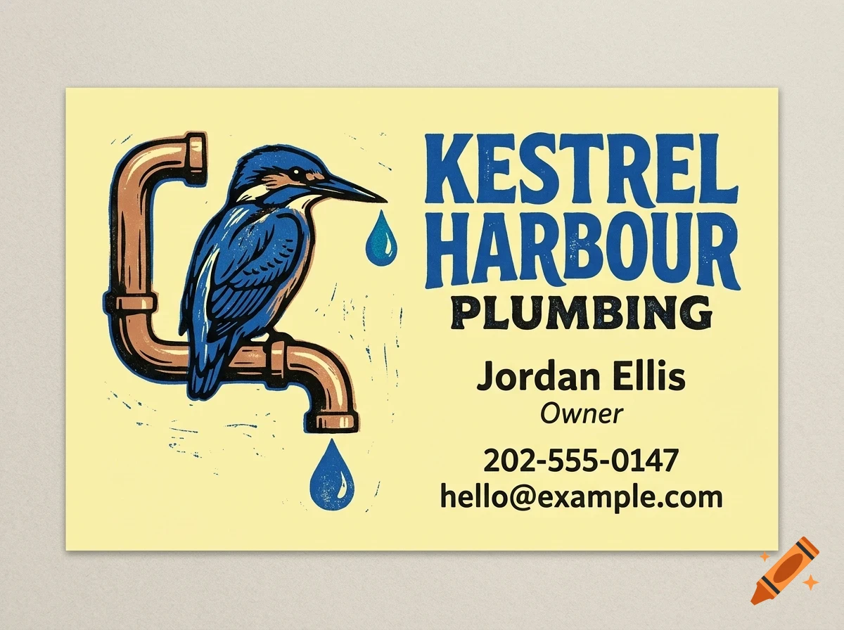 A business card design featuring a blue kingfisher bird on a copper pipe with water drops, and text reading Kestrel Harbour Plumbing.