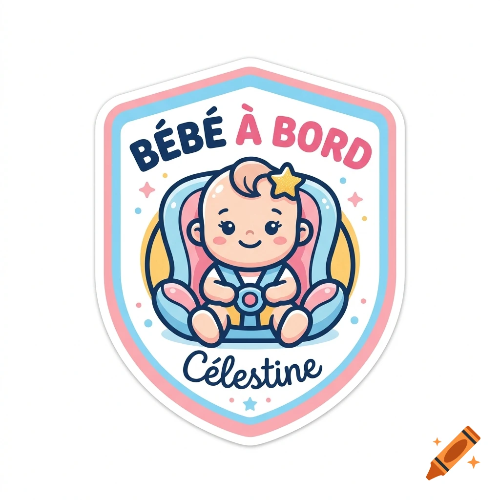 Baby on board sticker for a car with a cute cartoon baby in a car seat and the text Bébé à bord Célestine, vector illustration style