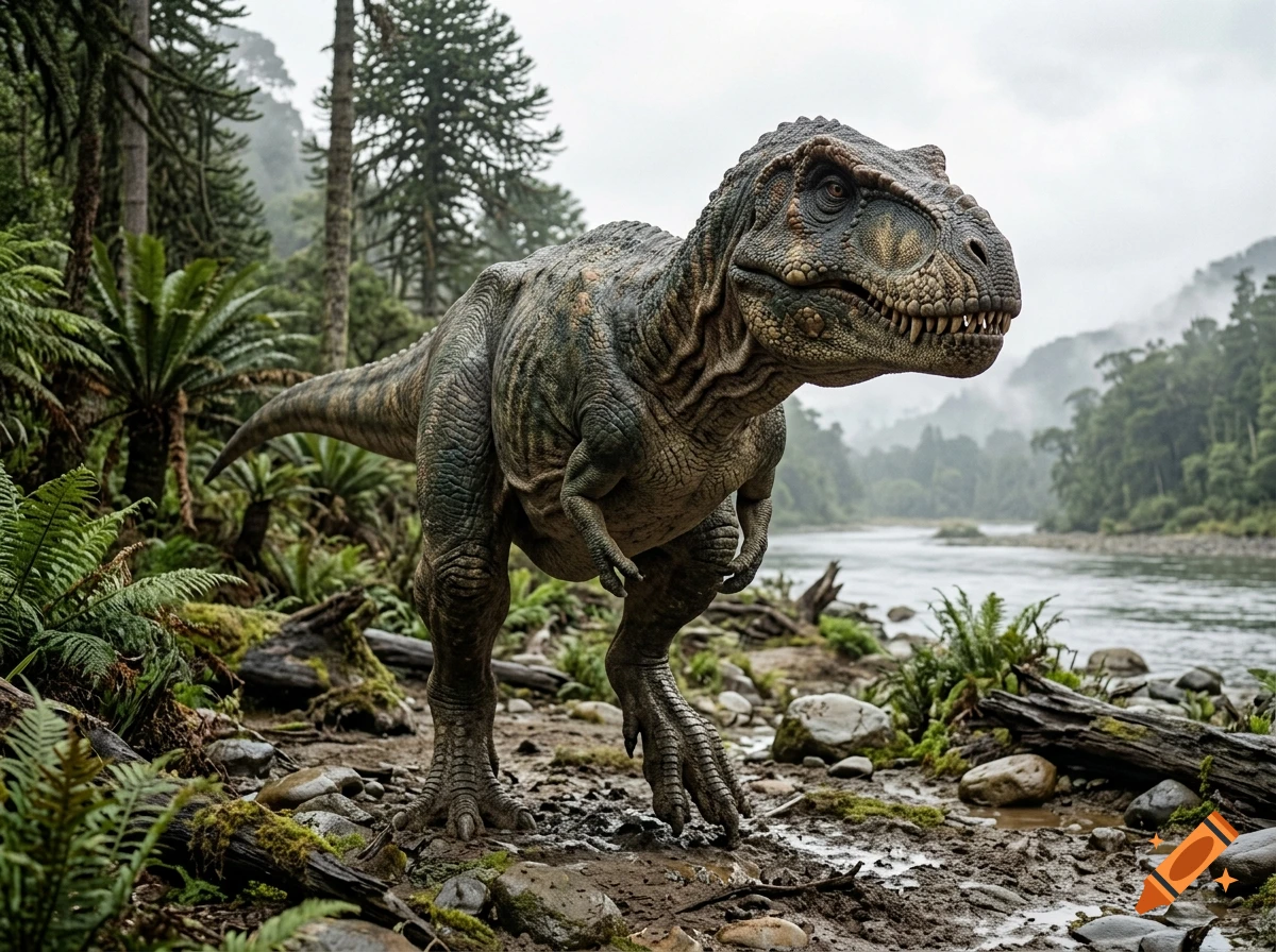 Photorealistic image of a Tyrannosaurus Rex standing by a river in a lush prehistoric forest.