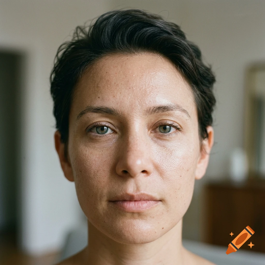 Close-up photorealistic portrait of a person with short dark hair and green eyes, looking directly at the camera.