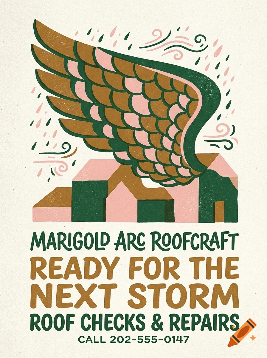 An illustrated poster features a large stylized wing hovering over houses with text reading MARIGOLD ARC ROOFCRAFT and a phone number.