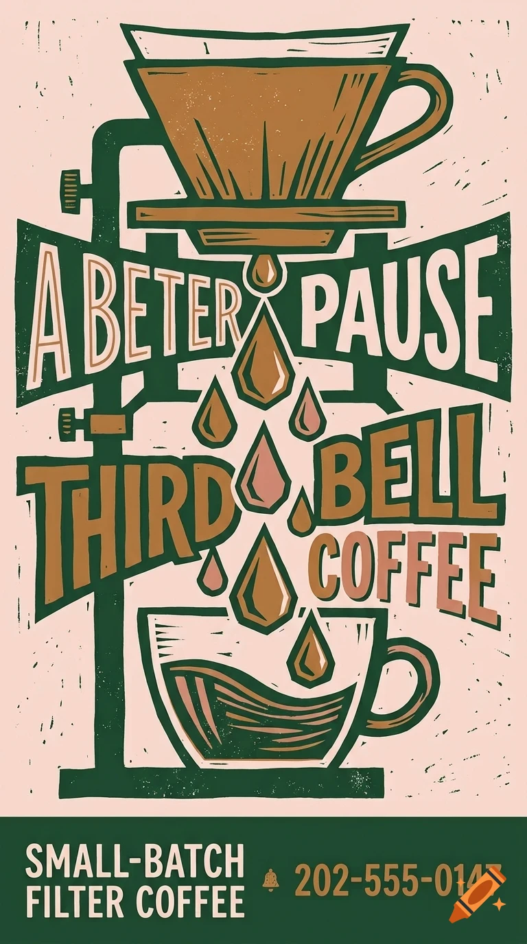 An illustration of a pour-over coffee maker dripping coffee into a cup, with stylized typography reading "A Beter Pause Third Bell Coffee".