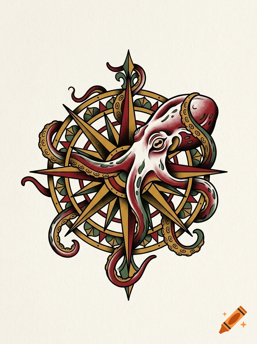 An illustrated traditional tattoo design featuring an octopus entwined around a vintage compass rose.