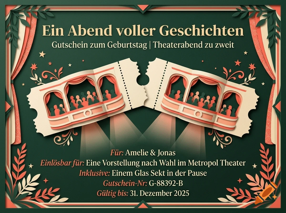 A decorative gift voucher for a theater evening with two stylized ticket illustrations showing audiences inside theater boxes, set against a dark green background with ornate borders.