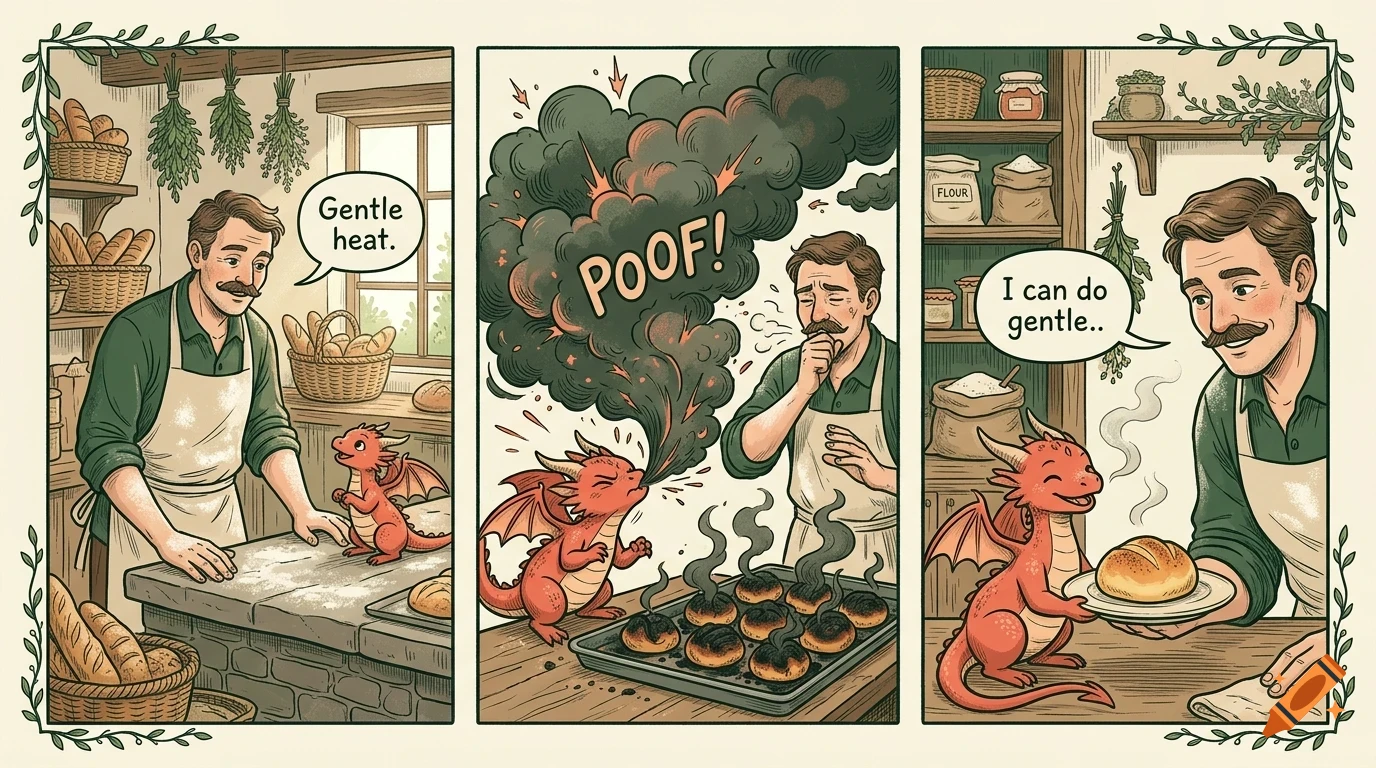 A three-panel comic illustration shows a baker advising a small red dragon to use gentle heat, a second panel where the dragon accidentally burns the bread with a puff of smoke and says POOF, and a third panel where the dragon happily holds a plate with a properly baked loaf.