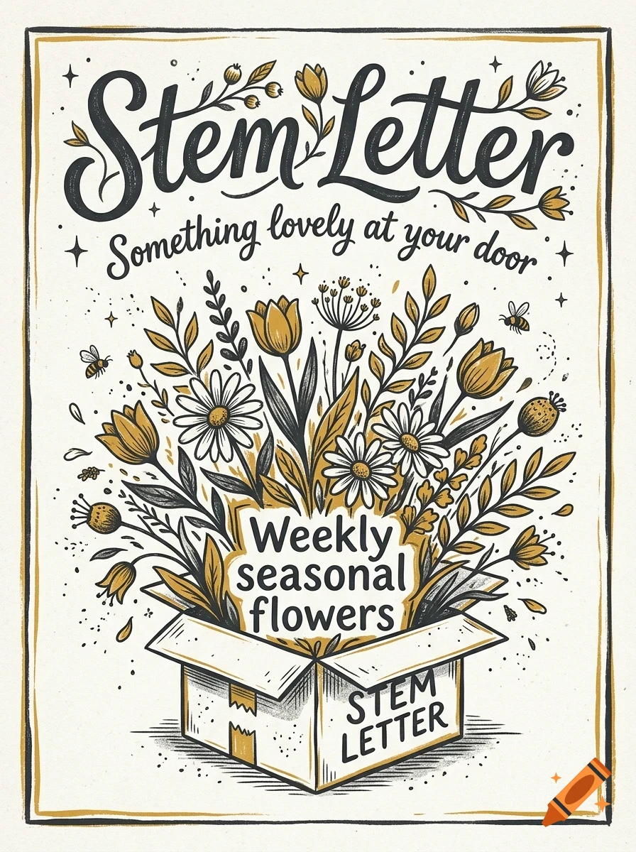 An illustrated poster with lettering reading Stem Letter and a box overflowing with flowers and bees.