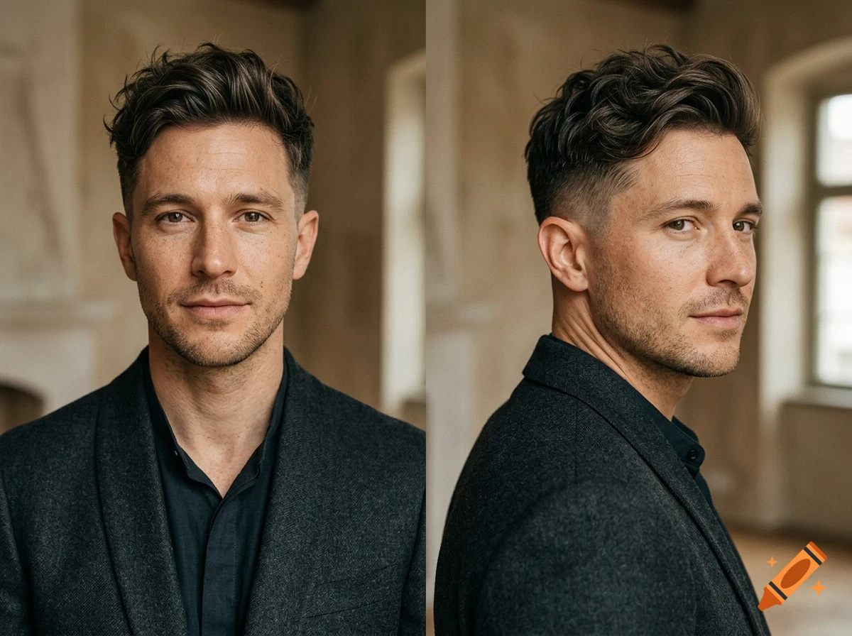 Two portraits of a man with short brown hair and a dark jacket, shown from the front and three-quarter view.