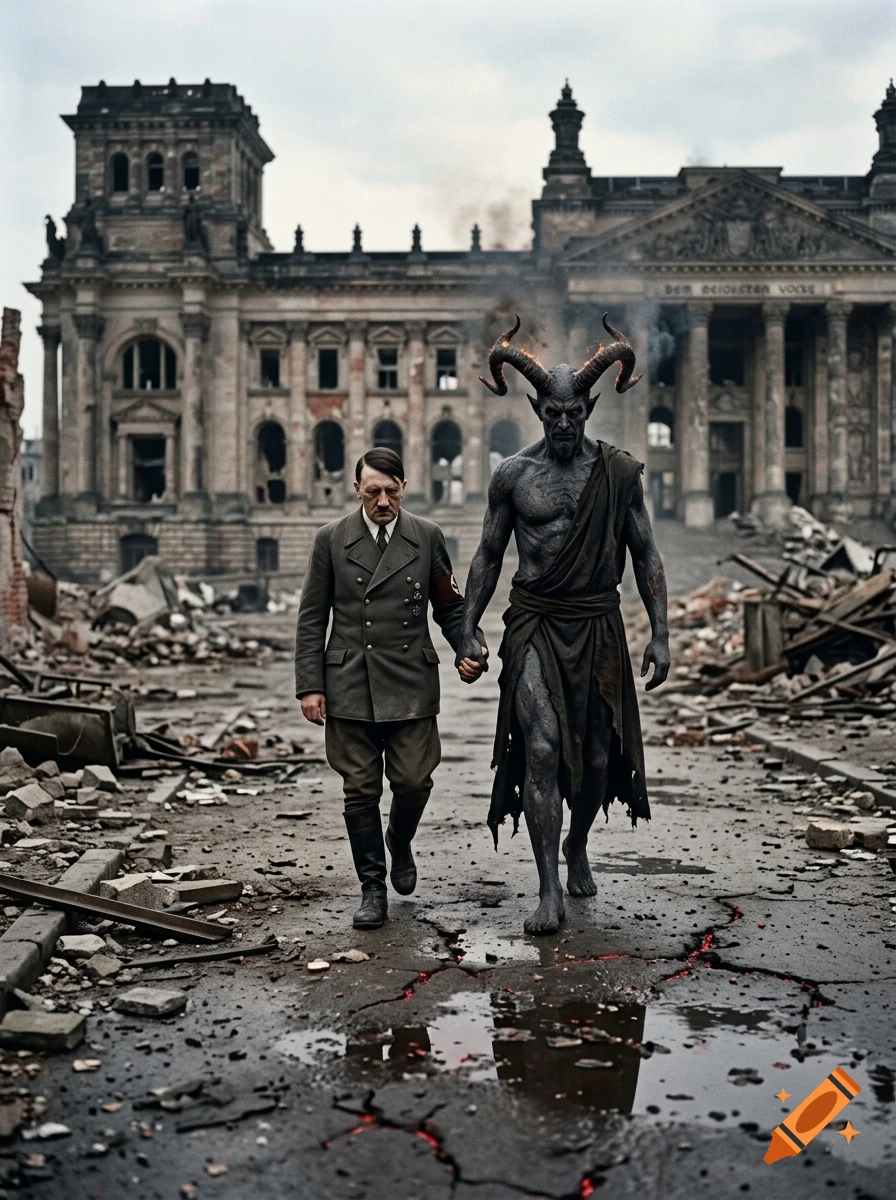 Photorealistic image of Adolf Hitler holding hands with a horned devil while walking down a ruined Berlin street in 1945.