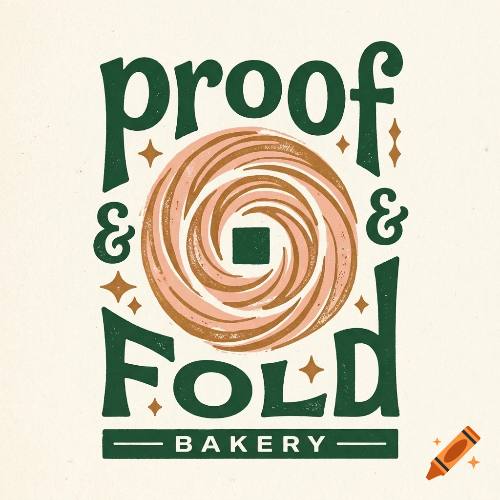 A stylized graphic design featuring the text 'proof & fold BAKERY' in green and brown with a pastry or swirl illustration in the center.