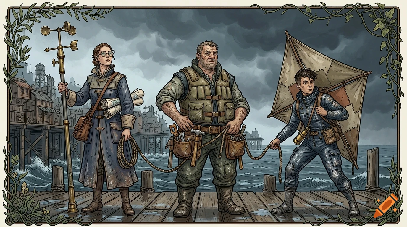 An illustrated group of three workers standing on a wooden dock by the sea under a stormy sky.