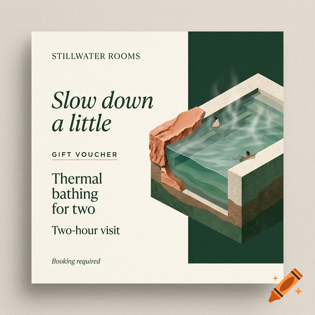 An isometric design showing a cross-section of a thermal bath with people soaking, alongside text for Stillwater Rooms and a gift voucher.