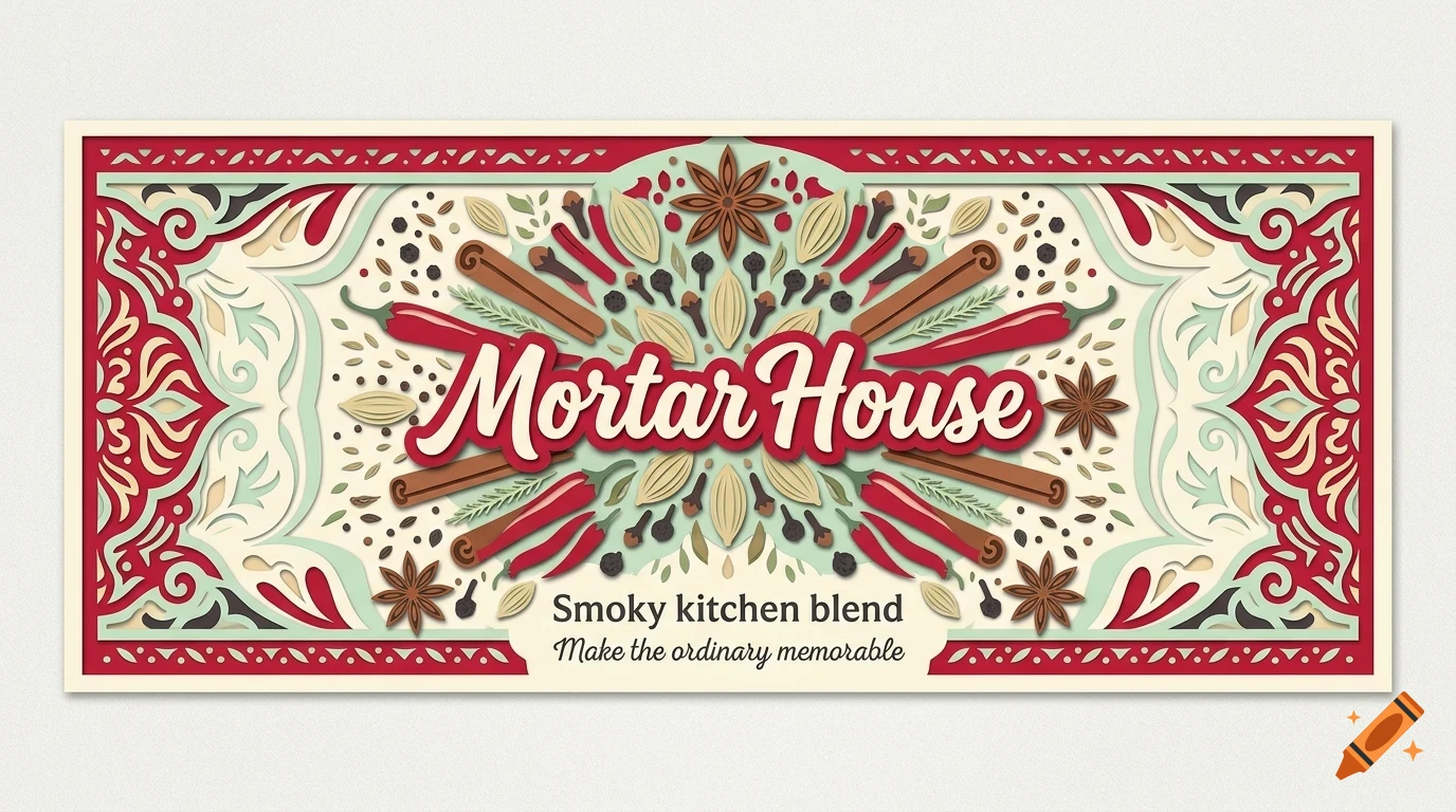 A stylized layered papercut design for 'Mortar House' featuring spices like chili, cinnamon, and star anise with decorative borders.