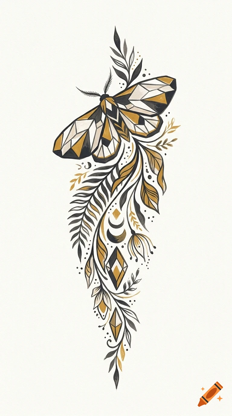 An illustrative design of a moth with geometric wings, surrounded by trailing leaves, ferns, and decorative diamond and moon symbols in black and ochre.