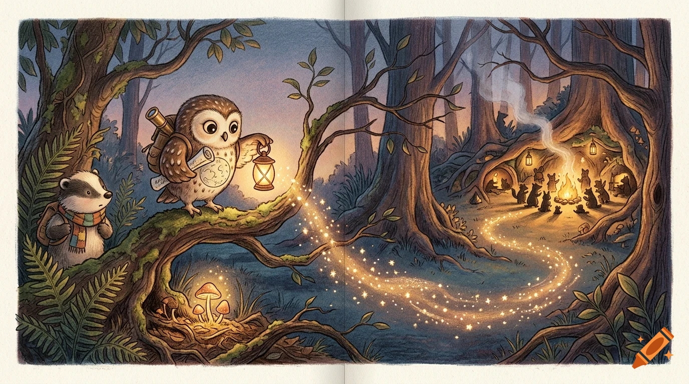 An illustrated children's book page showing an owl with a lantern and a badger in a forest at dusk, with other animals gathered around a campfire.