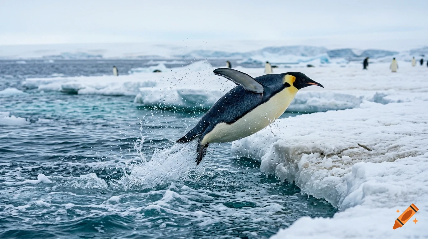 An emperor penguin leaping out of the water onto an icy shore, kicking up water splashes.