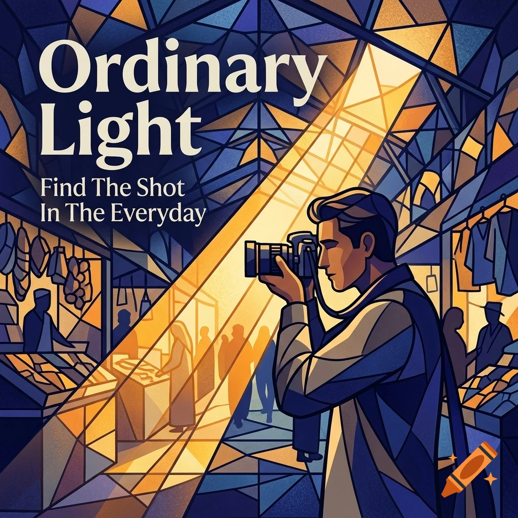 An illustrated poster showing a person taking a photo in a market with a beam of light, featuring text Ordinary Light, Find The Shot In The Everyday.