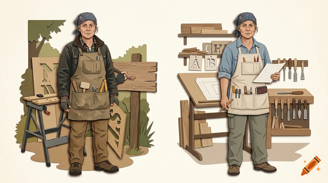 Illustration of a carpenter character in two different outfits and workspaces, wearing aprons and holding tools.