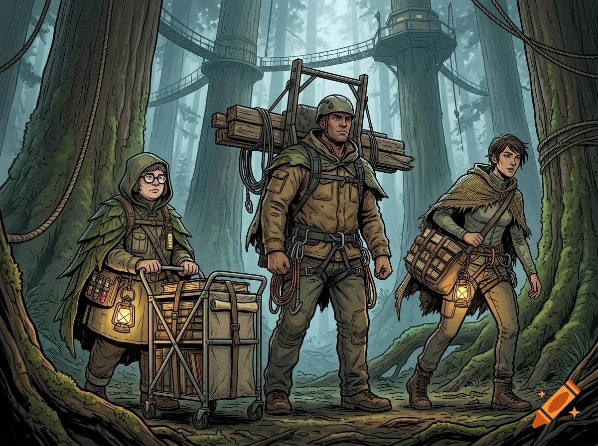 Three explorers walk through a dense forest with giant trees, carrying gear and books.
