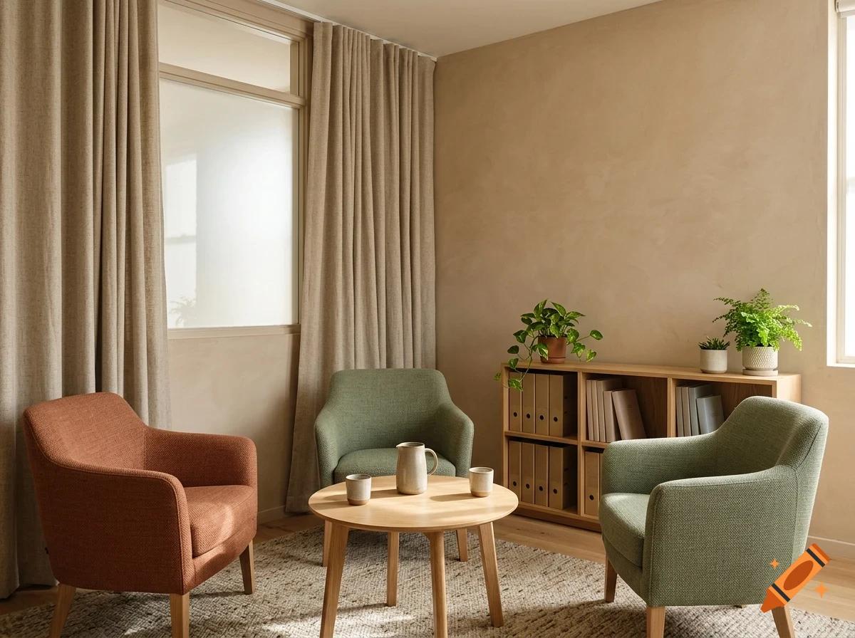 A cozy living room interior featuring a round wooden coffee table, a rust-colored armchair, two green armchairs, and a shelving unit with plants against a beige wall.