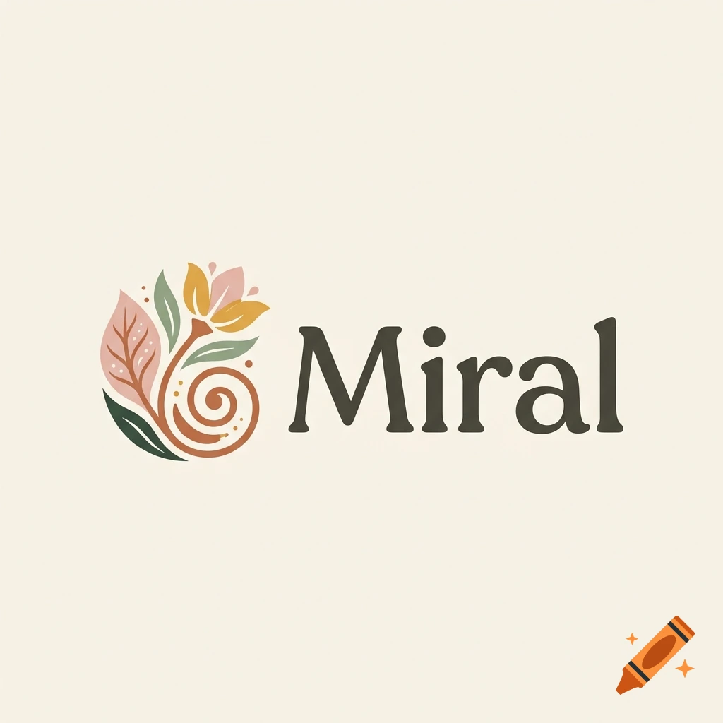 Logo design featuring a stylized floral element and the word Miral in earthy tones on a cream background