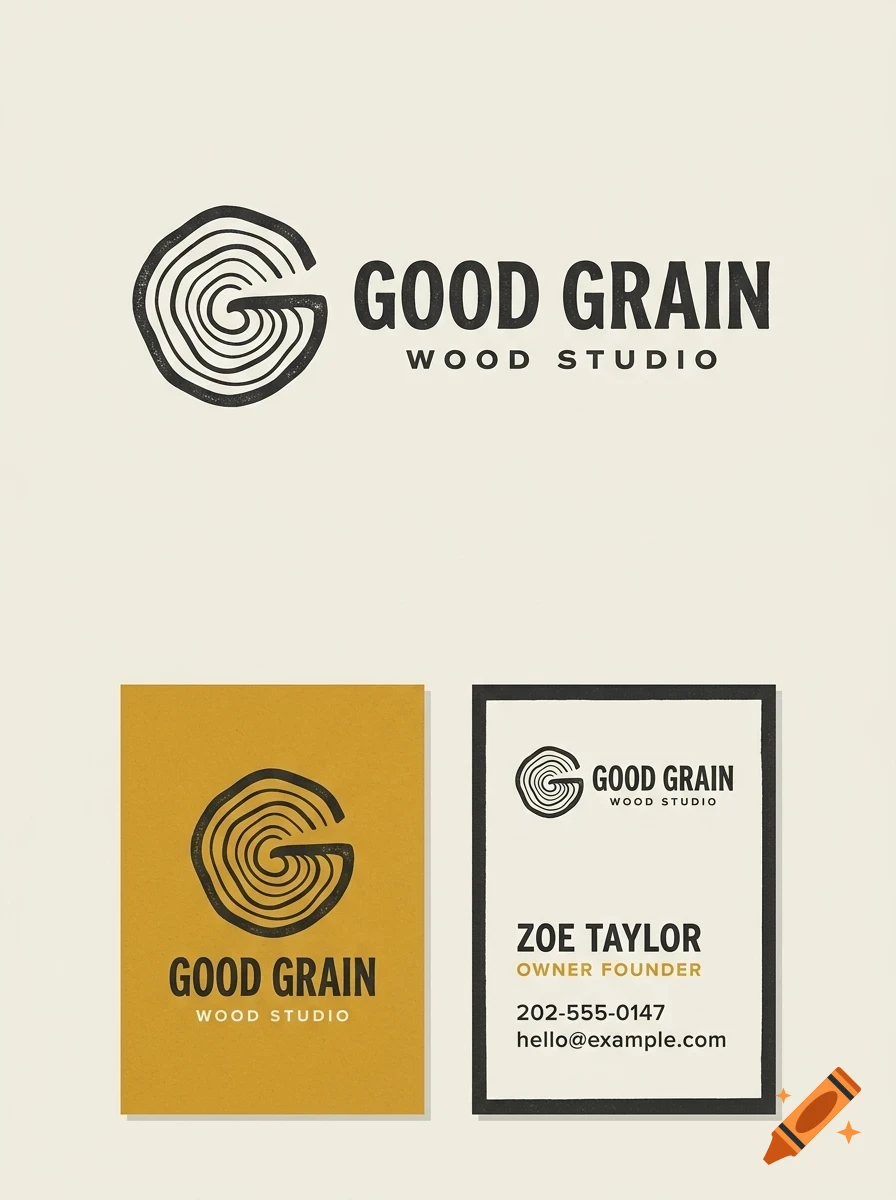 Branding presentation for Good Grain Wood Studio, featuring a logo with a letter G shaped like tree rings, alongside mustard yellow and off-white business cards.