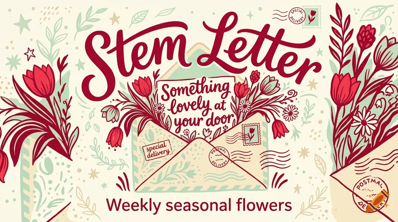 An illustration featuring an open envelope with flowers and the text Stem Letter and Something lovely at your door.