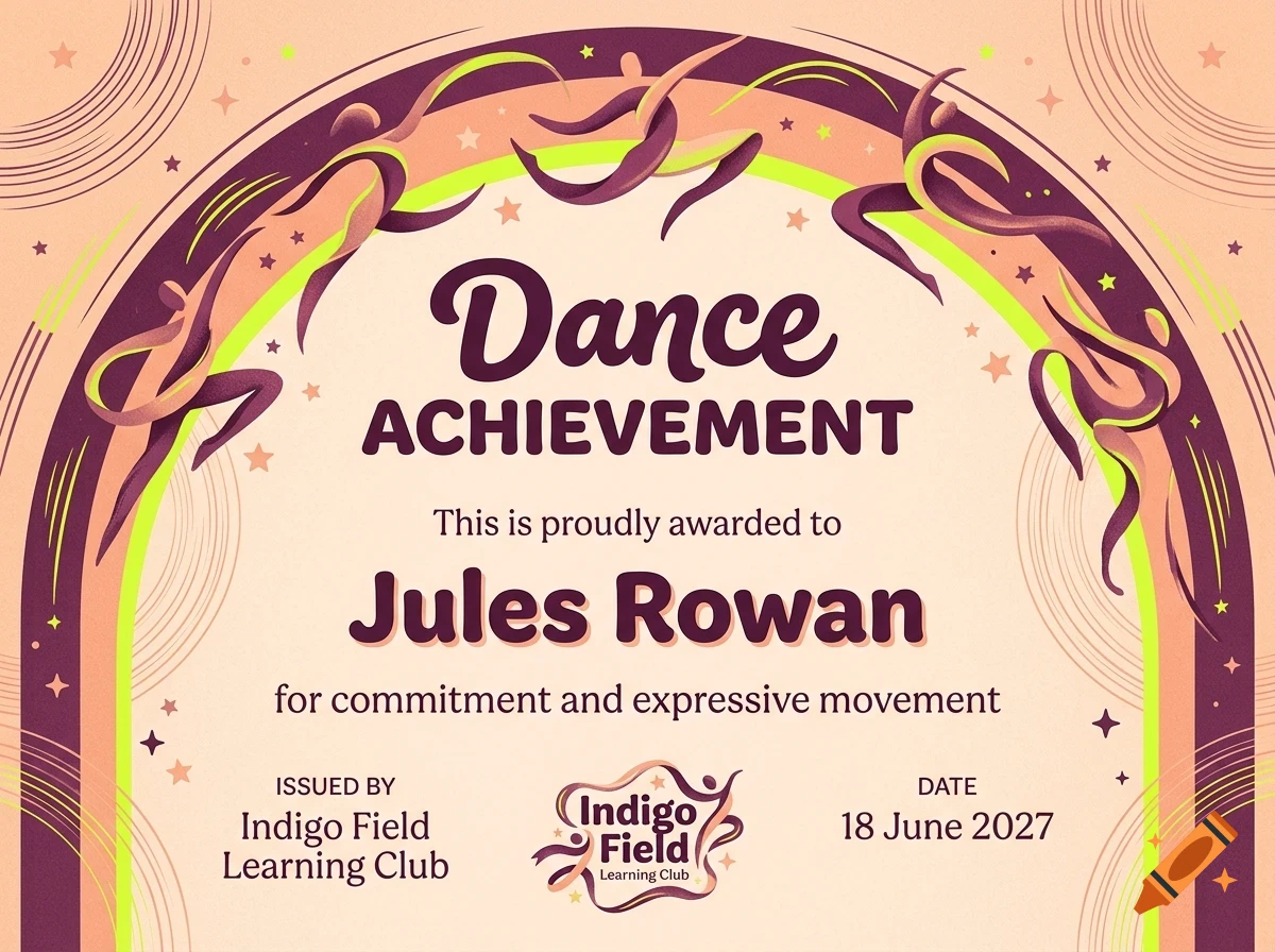 An award certificate with the title Dance Achievement awarded to Jules Rowan, featuring dancing figures in an arch and abstract curved lines.