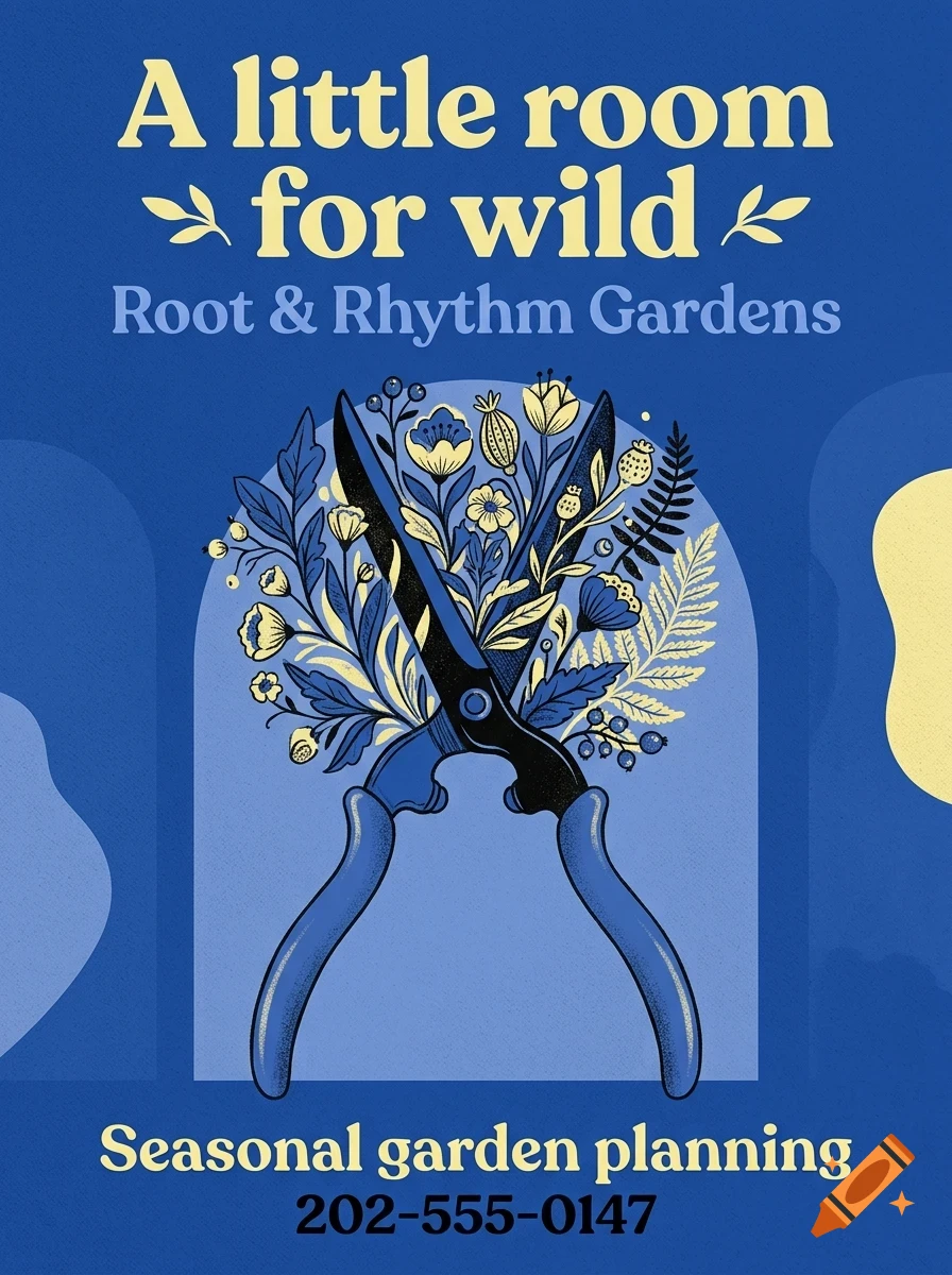 A poster featuring gardening shears filled with flowers and leaves, surrounded by text on a blue background.