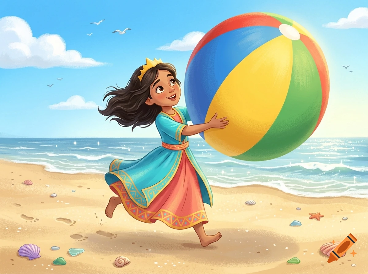 Children's book illustration of Queen Esther running and happily holding a large colorful beach ball on a sandy beach.