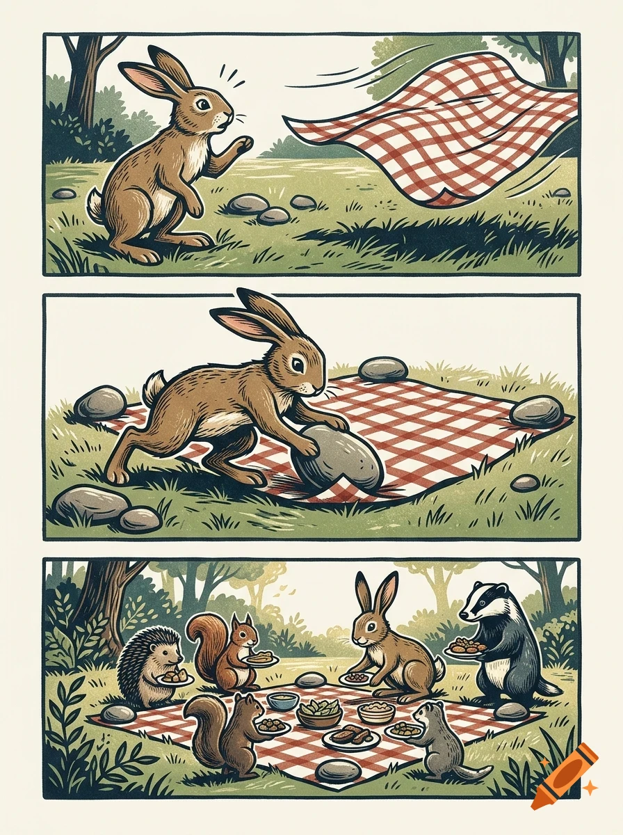 A comic strip showing a rabbit chasing a blowing picnic blanket, weighing it down with rocks, and later enjoying a picnic with forest animal friends.